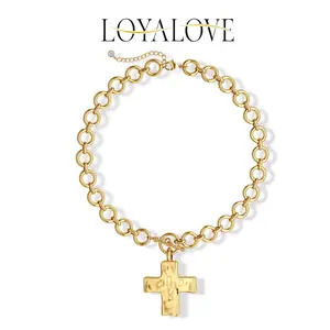 Loyalove Greenish Spring Gold Chunky Cross Necklace for Women Statement Cross Pendant Necklace Layered Hammered Bold Cross Necklace Vintage Toggle Clasp Necklace BlackFriday Jewelry