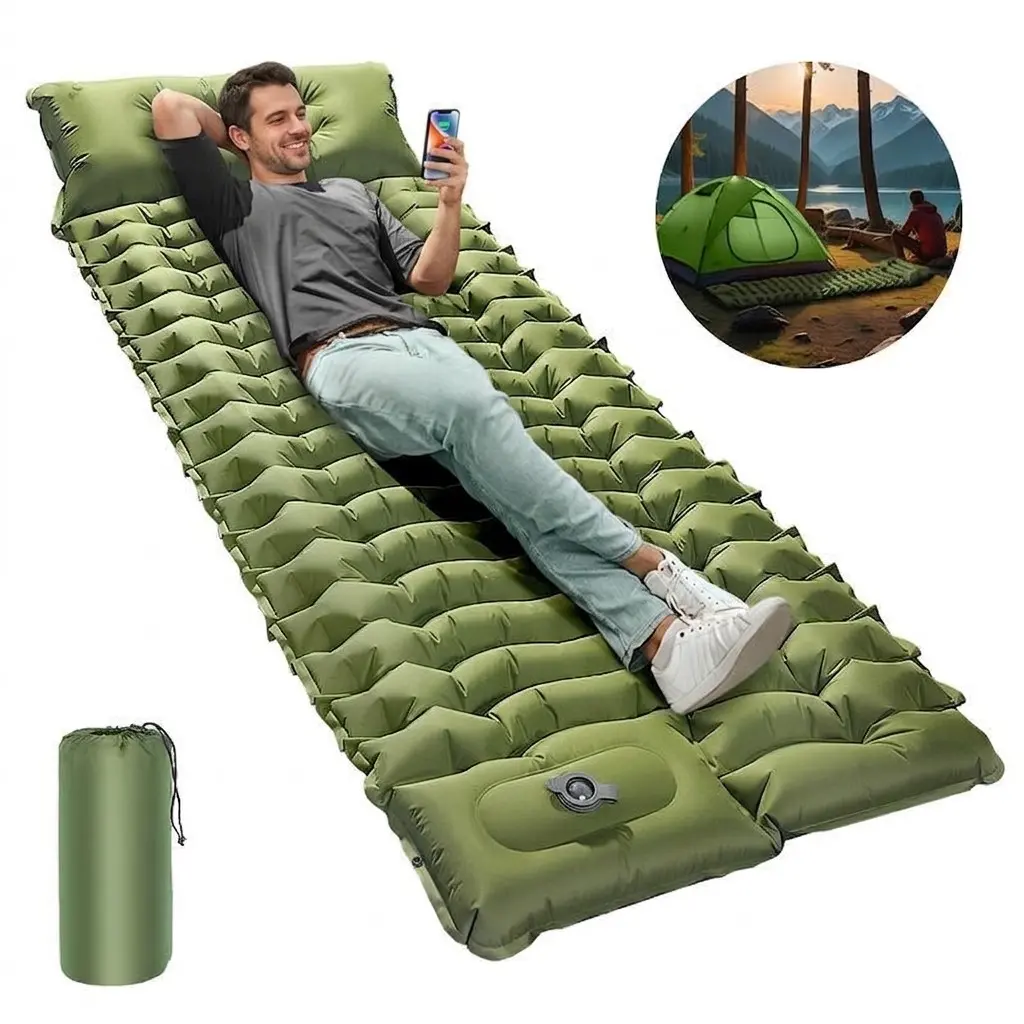 Camping Sleeping Pad with Pillow, Inflatable Sleeping Mat, Camping Mattress with Built in Foot Pump, Portable Lightweight Sleeping Bed for Backpacking, Hiking, Traveling, Camping Accessories, Camping Equipment