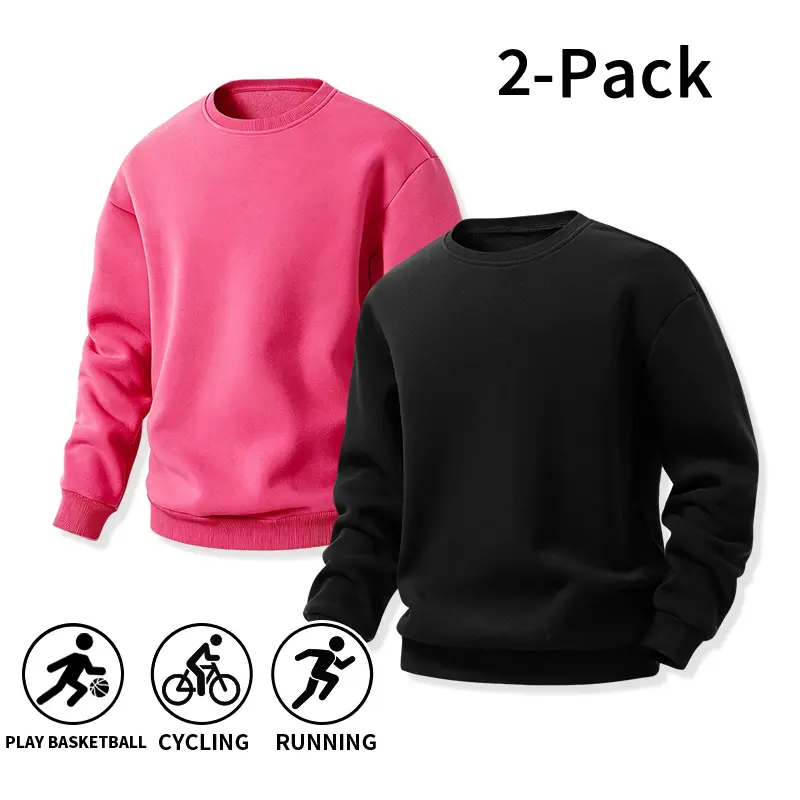 Men’s 2-Pack Classic Crew Neck Sweatshirts - Plain Polyester Longsleeves Loose-Fit Fleece Pullover Tops, Men's Casual Athletic Clothing for Biking, Everyday Wear