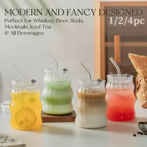 1/2/4 Pack 18oz Wide Mouth Wave Bubble Textured Durable Glass Cup with Lid & Straw, Thickened Stylish Glass Cups, Thickened Heat Resistant Lead Free BPA Free Tumbler, Dishwasher Safe Reusable Cup for Iced Coffee Tea Drinks, Housewarming Birthday Gift