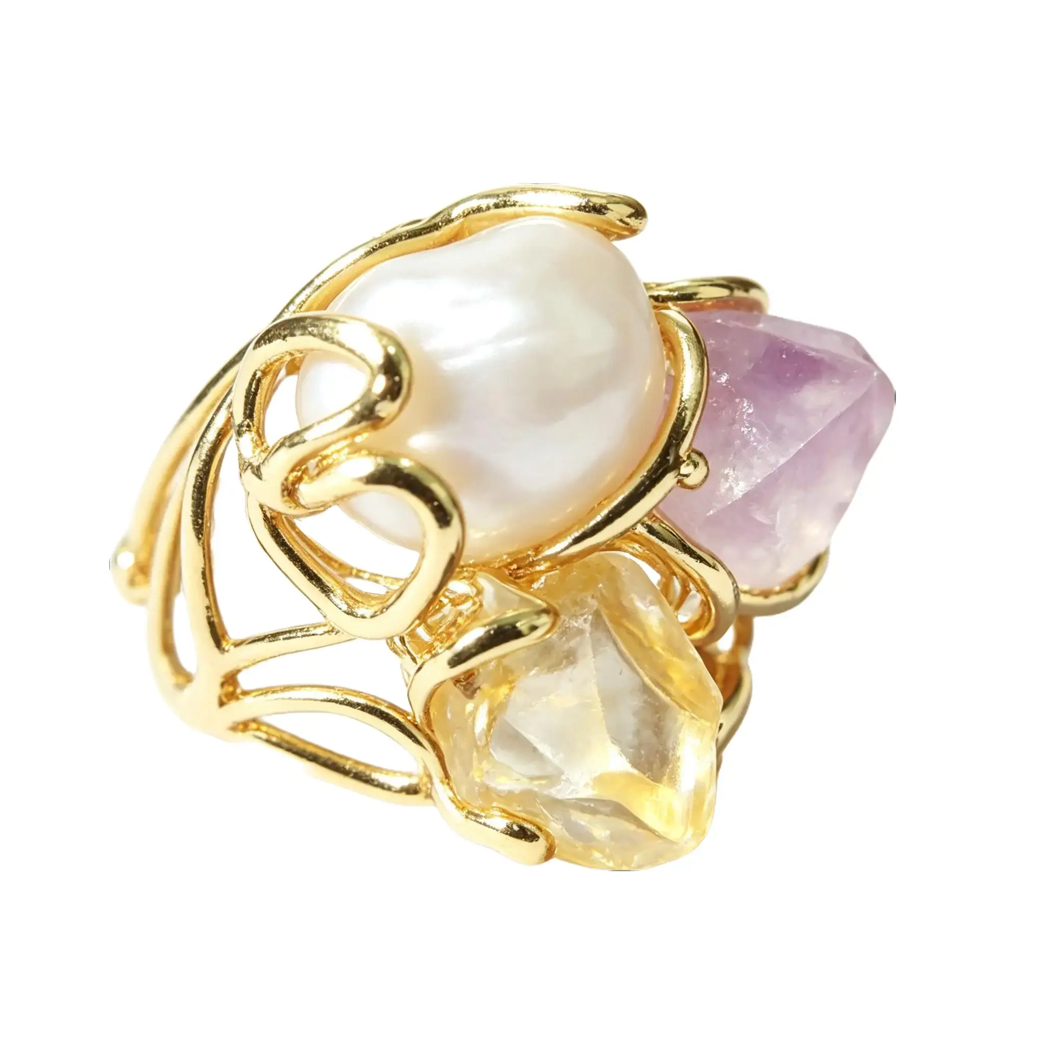 [JACUPO]Women's 3-Pair Gold-Plated Adjustable Natural Raw Crystal Open Ring Set - Amethyst, Citrine, Aquamarine, Turquoise, Tiger Eye, Baroque Pearl Healing Crystal Jewelry