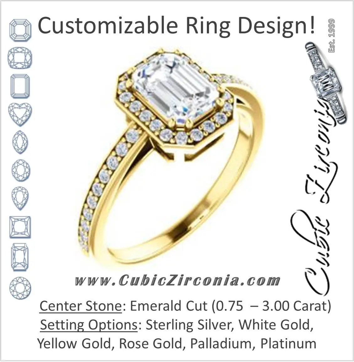 Cubic Zirconia Engagement Ring- The Kira (Customizable Cathedral-Halo Emerald Cut Design with Thin Pavé Band)