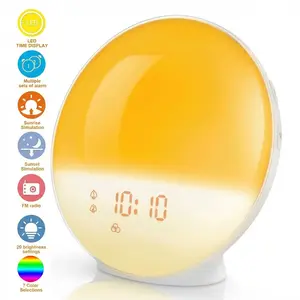 Smart Sunrise Led Alarm Clock Wake-up Light with FM Radio, White Noise Machine, Color Changing Night Light, Brightness Adjustable, Natural Sounds, Snooze, Sleep Aid for Heavy Sleepers, Desktop Digital Clock Table Lamp Home Decor