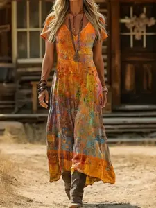 Spring Summer Vintage Bohemian Print Dress V Neck Short Sleeve, Retro Style Casual Wear, Women's Fashion Clothing