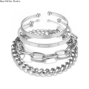 Fashion Letter Decor Hollow Out Cuff Bangle, Trendy Gold Link Chain Stackable Bracelet Set, Casual Simple Alloy Jewelry Accessories for Women Daily