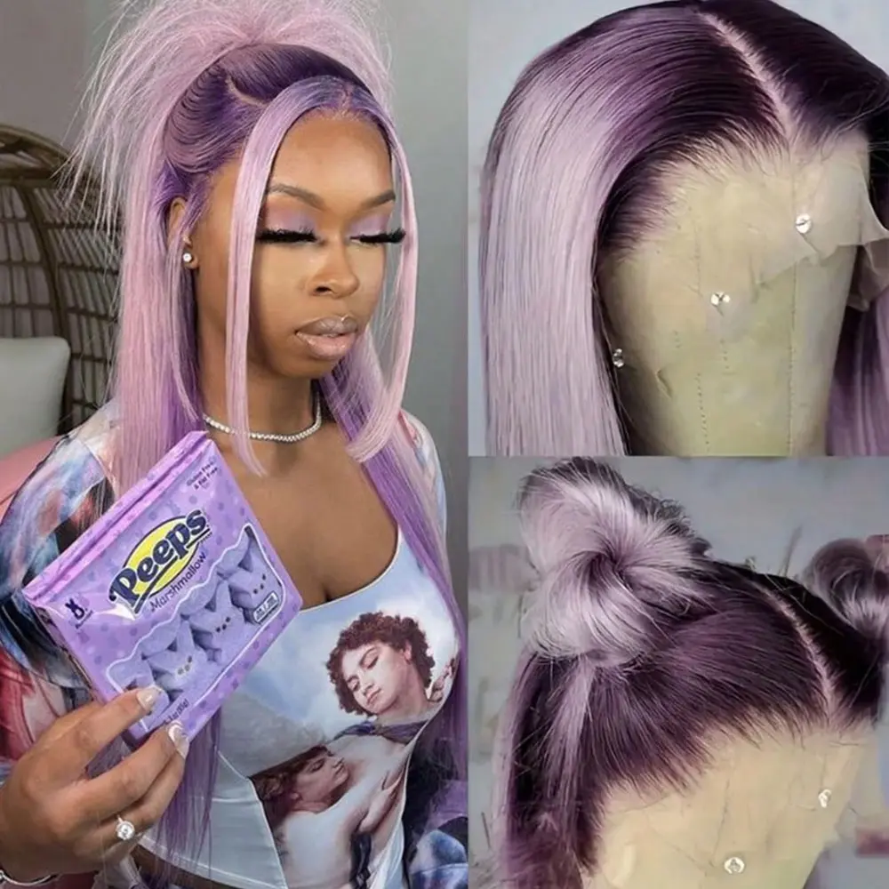 24 Inch Rooted Lavender Purple 13x4 Lace Front Wig – Dark Roots Ombre with Pre-Plucked Realistic Hairline, Premium Heat-Friendly Synthetic Straight Hair, Natural Melted Lace Effect for Effortless Everyday Wear