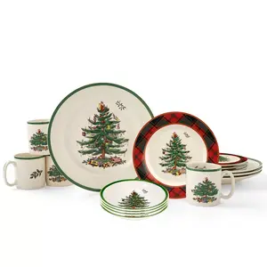 Spode Christmas Tree Tartan Collection 16-Piece Dinnerware Set, 10" Dinner Plate, 7.25" Salad Plate, 16 oz Cereal Bowl, 9 oz Mug