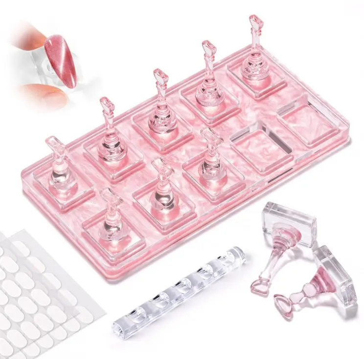 MelodySusie Nail Stand for Press Ons, Non-Magnetic Base for Practice Painting Display with Brush Holder and 100 Pcs Double-Sided Tape for Home DIY Salon Supplies, Cat Eye Friendly, Pink
