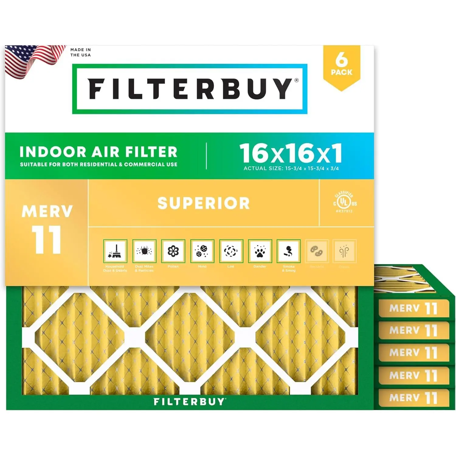 Filterbuy 16x16x1 Air Filter (6-Pack), Pleated MERV 11 Allergen Defense HVAC AC Furnace Air Filters (Actual Size: 15.75 x 15.75 x 0.75 Inches)