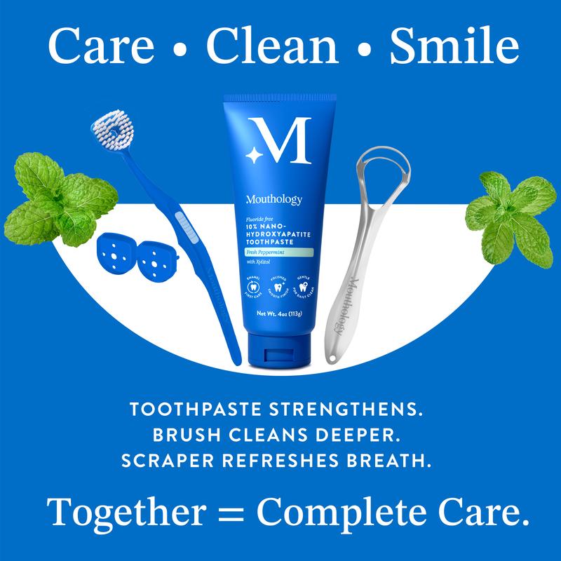 Mouthology 10% Nano Hydroxyapatite Toothpaste & Tongue Cleaner Set – Whitening, Enamel Repair, Sensitive Teeth Relief, Fresh Peppermint Flavor, Ergonomic Tongue Brush & Tongue Scraper with Protective Cap for Bad Breath & Complete Oral Care