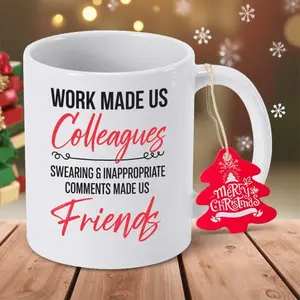 Humorous Office Mate Mug Work Made Us Colleagues Swearing Turned Us Friends Coffee Cup with Red Text Ceramic Gift for Best Friend Colleagues Christmas Hand Wash Only Office Party Birthday Sarcastic Coworker Present
