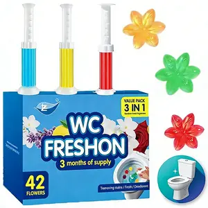Toilet fresh floral gel seal, with 42 toilet cleaning gel and dispenser in 3 packages, lasting for three months, with random color