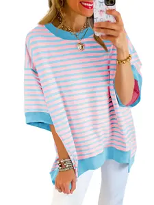 Women's Soft Comfortable Thin Cotton Striped Color Block Oversized Tops, Half-Sleeve Round Neck Loose Fit Summer Casual Sweatshirts