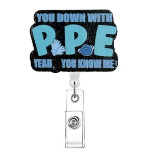Letter Pattern Retractable Badge Reel, Badge Reels Retractable, Badge Buddy Nursing, 1 Count Acrylic ID Card Clip for Nurses, Doctors, Students & Office Staff, Identification Badges & Supplies