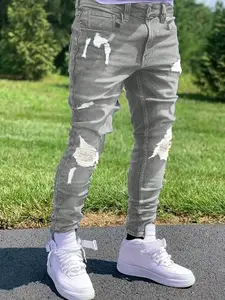 Men's Casual Distressed Skinny Jeans Stretch Menswear Grey Trouser Streetwear Ripped Comfortable Fashion Denim Pants For Men