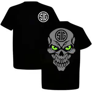 Sig Sauer Skull Green Eyes Graphic T-Shirt, Unisex Tactical Sports Top, Men’s Shirts, Made in USA, Full Size, Full Color, Gift For Him