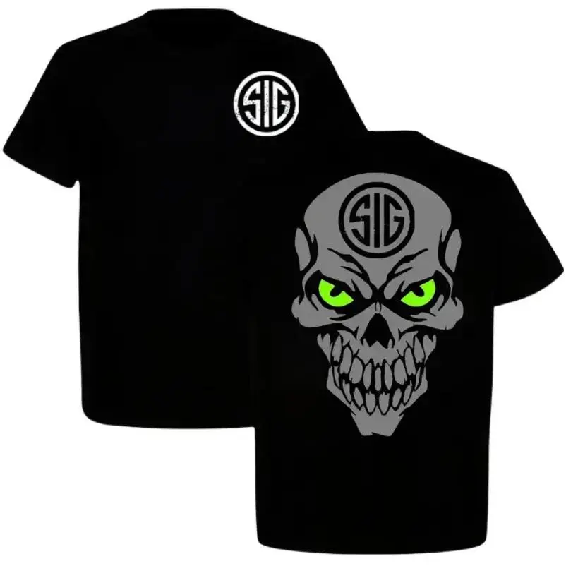 Sig Sauer Skull Green Eyes Graphic T-Shirt, Unisex Tactical Sports Top, Men’s Shirts, Made in USA, Full Size, Full Color, Gift For Him
