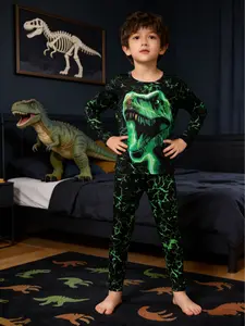 Boys' Dinosaur Print Sleepwear Set, Casual Fitted Pajamas for All Seasons, Comfortable Long Sleeve Round Neck, Dinosaur Pattern, Kids Pajamas, Fun Pajamas