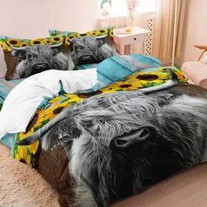 Highland Cow Digital Print Bedding Set, 3-Piece (1 Fitted Sheet + 2 Pillowcases), Coreless, 90g Polyester Fiber, Comfortable Fashion, Bedroom Bedding Set
