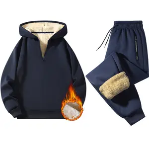 Autumn Winter Half-Zip Hoodie Set - 2-Piece Fleece-Lined, Unisex Warm Loose Casual Tracksuit Sporty Style Sportswear Athleisure Sweatsuit Athleisure Breathable Clothes men 2 piece sets