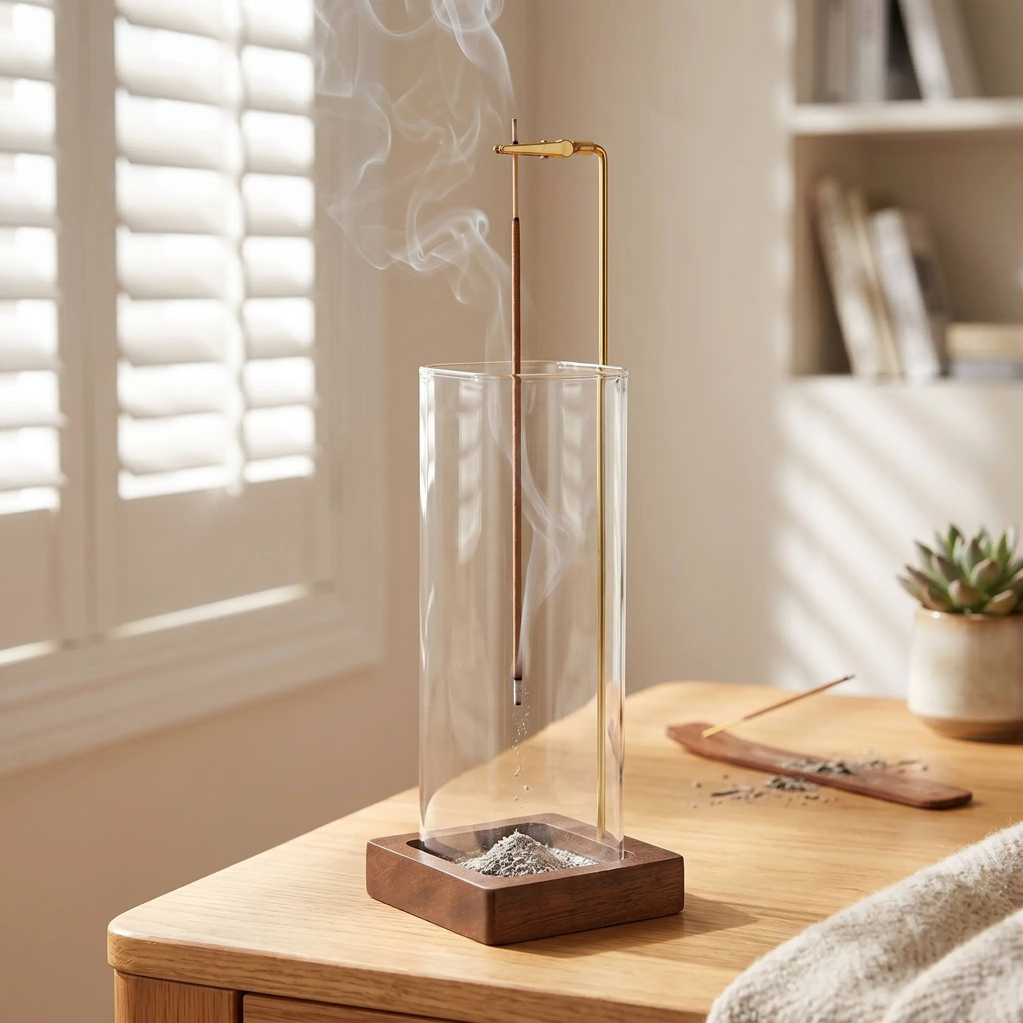 2 in 1 Incense & Candle Holder, 1 Count Wooden Base Aromatherapy Diffuser Incense Burner with Removable Glass Ash Collector, Woody Home Decor Ornament for Living Room Bedroom, Funny Gift, Scented, Aroma, Fragrance Perfume