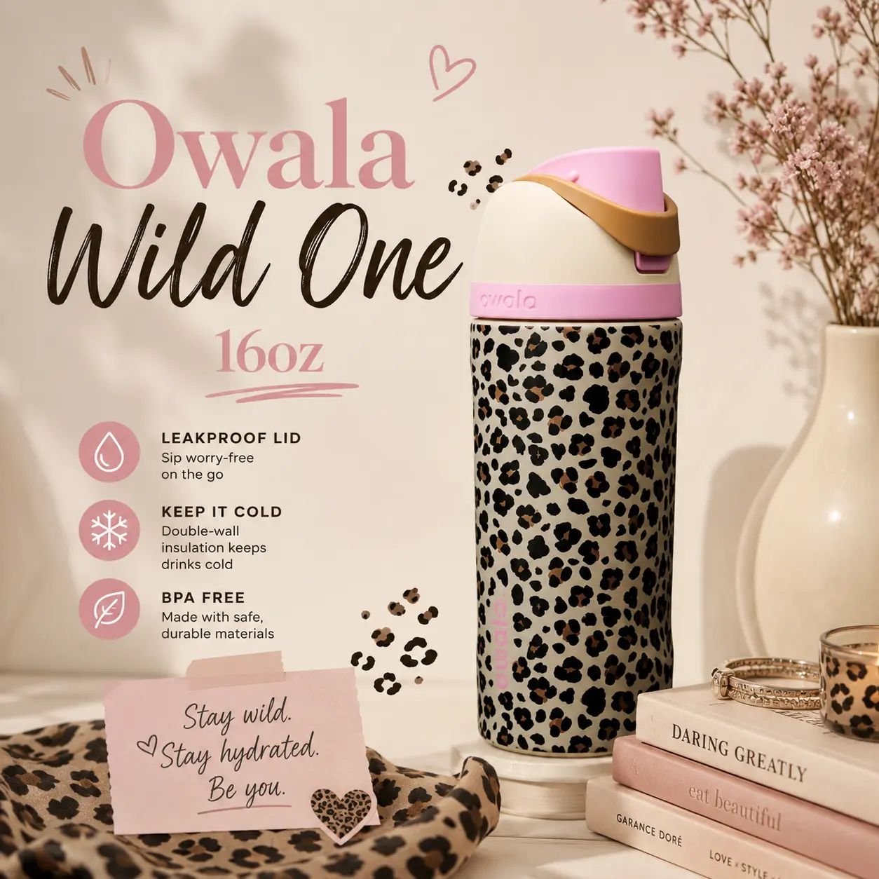 Pink Leopard Kids Bottle | Owala x Cat & Jack Wild One 16oz FreeSip for Back to School, Lunch Box, Sports & Travel