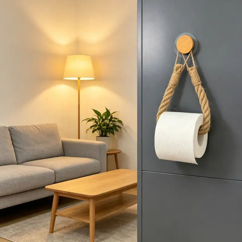 Wooden Rope Towel Rack, Creative No-Drill Paper Holder, Bathroom Storage Organizer, Bathroom Space Saver, Handmade Natural Material Design, Bathroom Gadgets, Bathroom Accessories