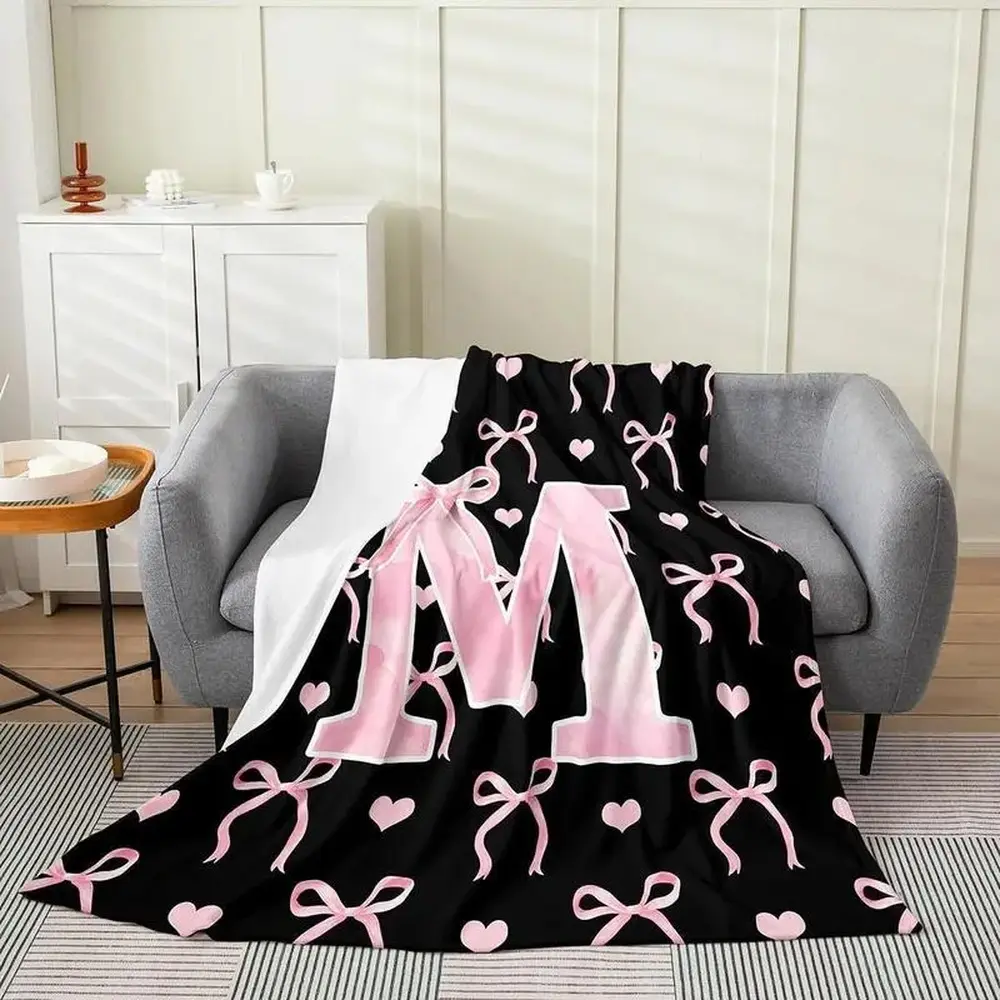 Initial Letter A-Z Flannel Blanket Throw for Girls Black Pink Alphabet Flannel Blanket Monogrammed Gifts for Daughter Women Teen Girls Customized Blanket for Bedding Bedroom Office Multiple Sizes adorable style blanket adorable style blanket