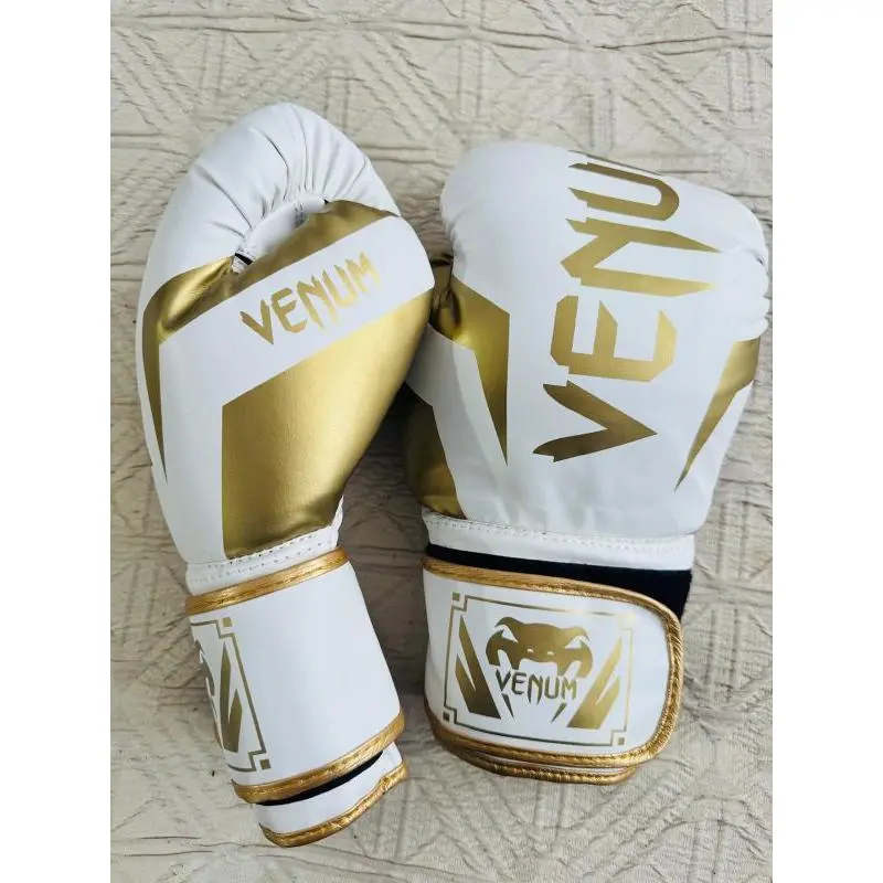 Venum White & Gold Boxing Gloves with Logo Design for Training and Sparring