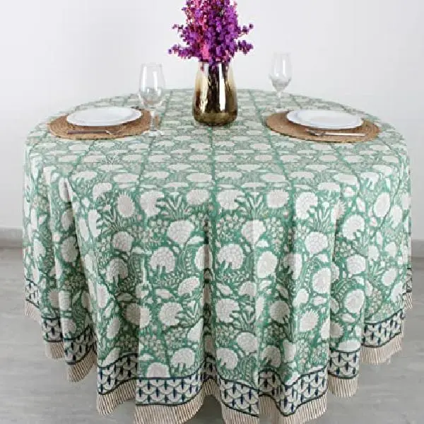 Ridhi Turquoise Moss Green 100% Cotton Boho Square Fall Tablecloth, Handblock Floral Print Linen for Kitchen Dining I Parties, Outdoors, Weddings, Christmas, Thanksgiving Décor 132" Inches Round
