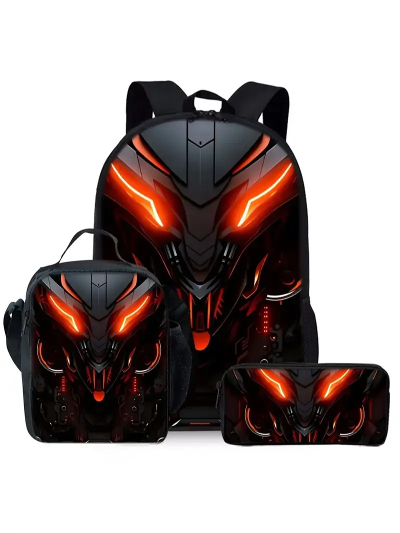 Mechanical robot print backpack three-piece set, including lunch bag, pencil case, and backpack, Backpack for school, Multi Function Backpack, Geek Bag