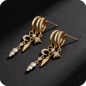 14K Gold Plated Celestial Dangle Drop Earrings for Women, Star Moon Spike Stacked Hoop Earrings with Pave Cubic Zirconia, Hypoallergenic 925 Sterling Silver Post, Sparkling Statement Earrings for Party Prom, Birthday Christmas Gift for Her