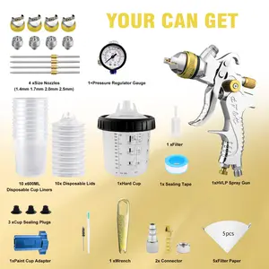 HVLP Spray Gun Kits, 1.4/1.7/2.0/2.5mm Nozzles with650ml Mixing Cup & 10x Disposable Cups, Air Regulator,Paint Gun Automotive Gravity Feed Kit Cars Paint Gun,Furniture, Fence, DIY budget lvl ppaint mode adjustable high capacity container Sprayer