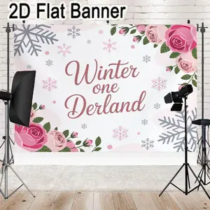 2D flat banner, 1pcWhimsical Winter Wonderland Backdrop with Pastel Roses & Snowflakes - Pink White Floral Snowy Decor for Festive TikTok Content