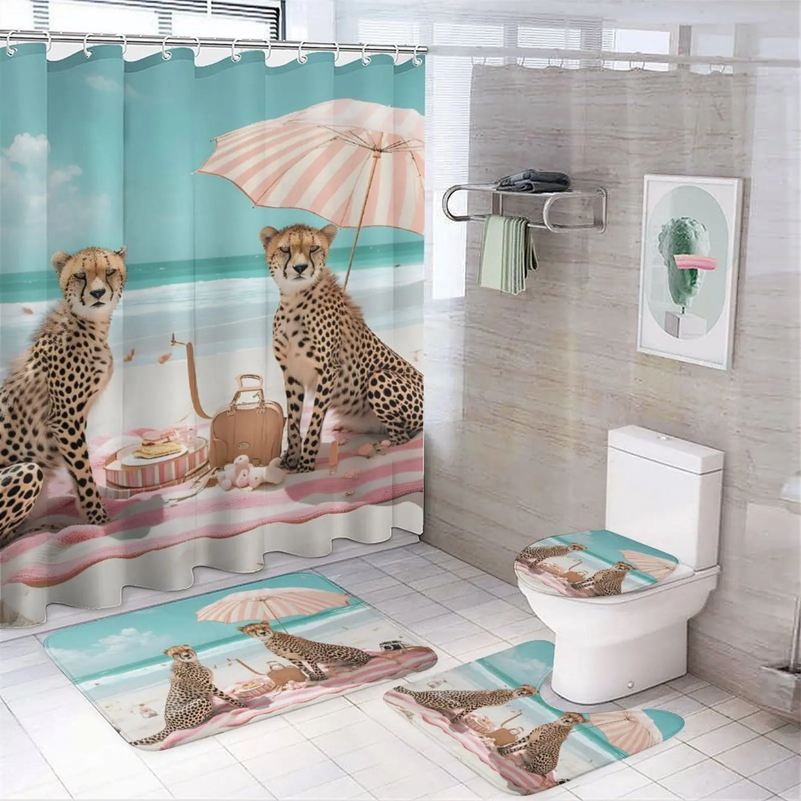 Cheetah Beach Bathroom 4-Piece Set Waterproof Polyester Shower Curtain Flannel Bath Mat U-Shaped Toilet Lid Cover Base Rug Coastal Ocean Theme