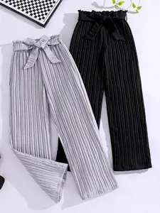 Girl's Solid Textured Belted Wide Leg Pants, Casual Fashion Comfy Frill Trim Trousers for Fall & Winter, Kids Bottoms for Daily Wear, Breathable Pants