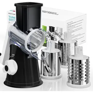 Cheese Grater Hand Crank, Rotary Cheese Shredder with 3 Interchangeable Blades for Coarse, Fine Shredding and Slicing, Strong Suction Base for Pizza, Pasta, Salad, Vegetables, Nuts, Chocolate