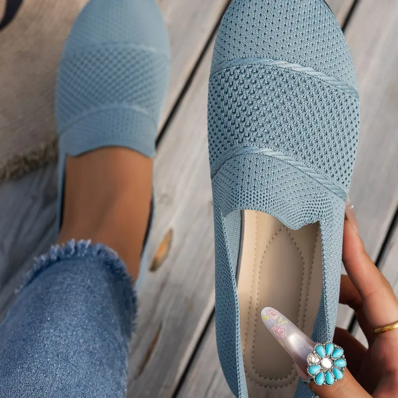 Women's New Round Toe Knit Flat Ballet Shoes, Plain Design, Breathable Mesh Upper, One-Piece Slip-On, Comfortable for Daily Commute