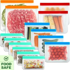 Reusable Food Storage Silicone Bags 14 Pack 2 Large 2 Gallon 4 Zip Lock 6 Snack Containers Eco-friendly Fridge Freezer Safe Kitchen Utensils