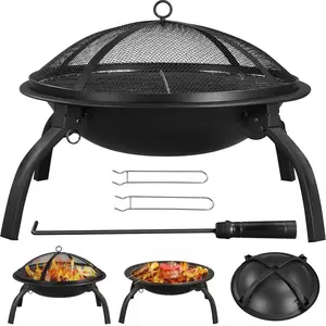 22-inch Outdoor Wooden Fire Pit with Spark Screen and Fire Poker – Portable Fire Pit, Sturdy Metal Frame. Ideal for Camping, Beach, Picnics, Backyard and Garden Bonfires. A Must-Have for Picnics. Round Shape with Powder Coated Finish