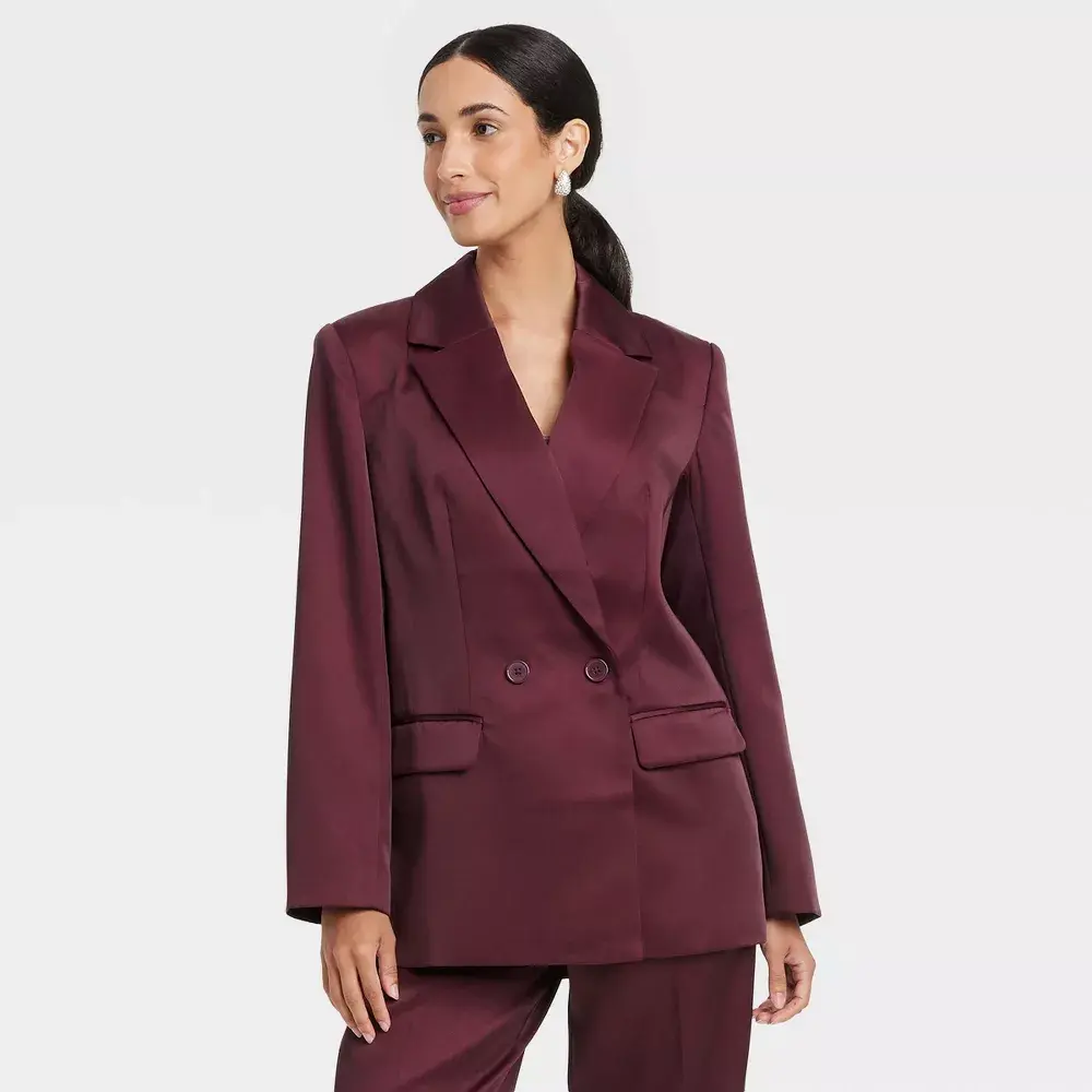 Women's Structured Satin Blazer - A New Day Burgundy XL