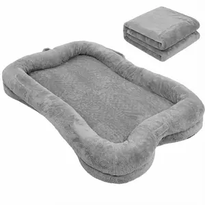 Human Dog Bed Washable Large Size Non Slip Bottom Comfortable Plush Giant Size Dog Bed with Blanket and Pocket for Home