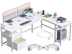 66” L Shaped Desk with Charging Station, Reversible Home Office Computer Desk with File Drawer, Monitor Riser & Adjustable Shelves