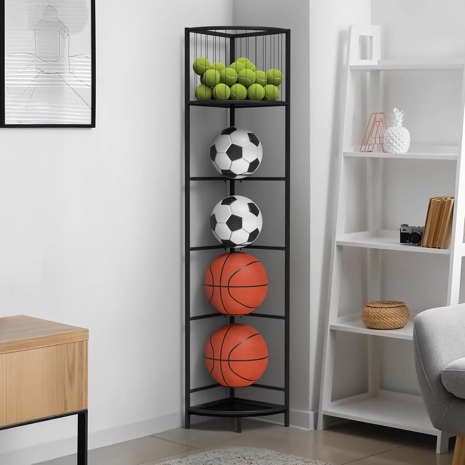 Space-Saving Black Vertical Corner Ball Storage Rack with Basket - 4-Ball Capacity - Fits Basketball, Football, Volleyball - 12.4in x 12.4in x 66.3in - Home Garage Organizer