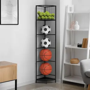 Black Vertical Corner Ball Storage Rack with Basket - 4-Ball Capacity - Fits Basketball, Football, Volleyball - 12.4”x12.4”x66.3” - Home Garage Organizer