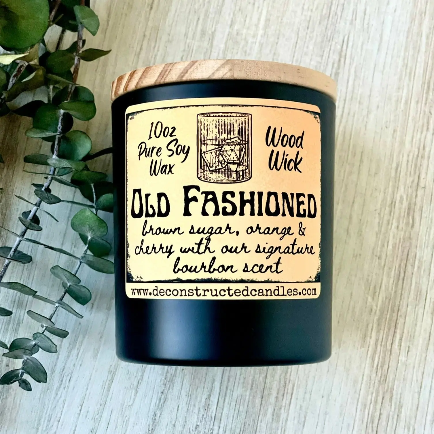10oz SOY Candle- Old Fashioned Scent - Wood Wick - Frosted matte black container with wood lid