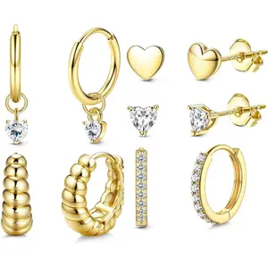 Vintage 5 Pairs Golden Sweet Heart Ear Hoops Studs for Women Men Trendy Copper Sterling Silver Post Hoop Stud Earrings for Multiple Piercing Chunky Small Hoops Earrings Set Huggie Earring Cartilage Stud Earring Stack