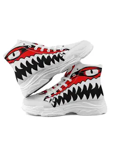 Men's Red White Shark Mouth Print High Tops, Fashion Chunky Sole Casual Shoes, Plus Size Lightweight Breathable for Street Style Footwear