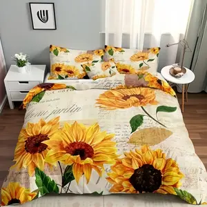 Sunflower Print Bedding Set, 3 Piece Polyester Fiber Sheet Set (1 Flat Sheet + 2 Pillowcases), No Core Design, Home Decor Essentials
