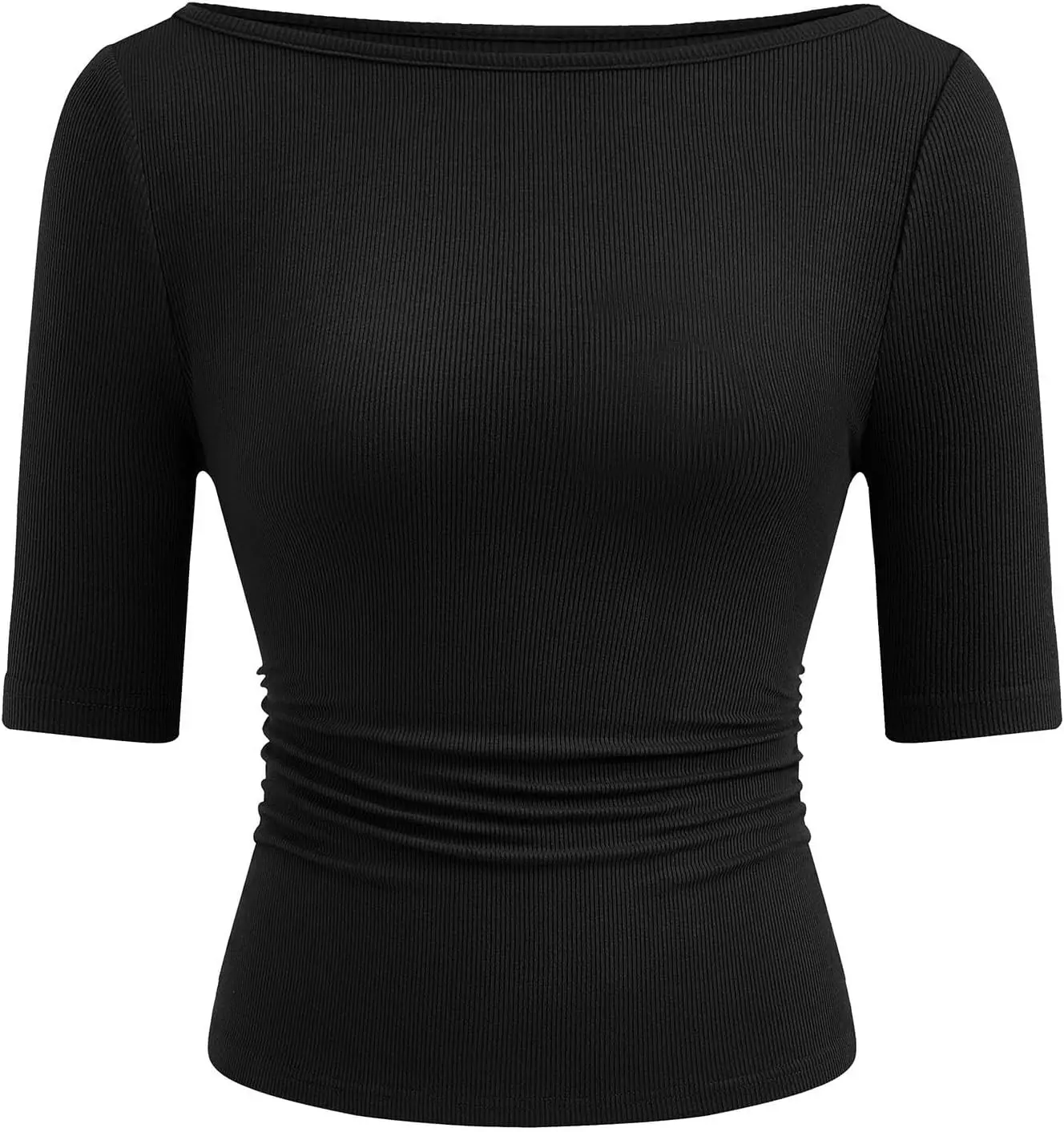 Womens Summer Short Sleeve Tops Boat Neck Ribbed Knit Slim Fit T Shirt Casual Basic Top 2026 Spring Clothes